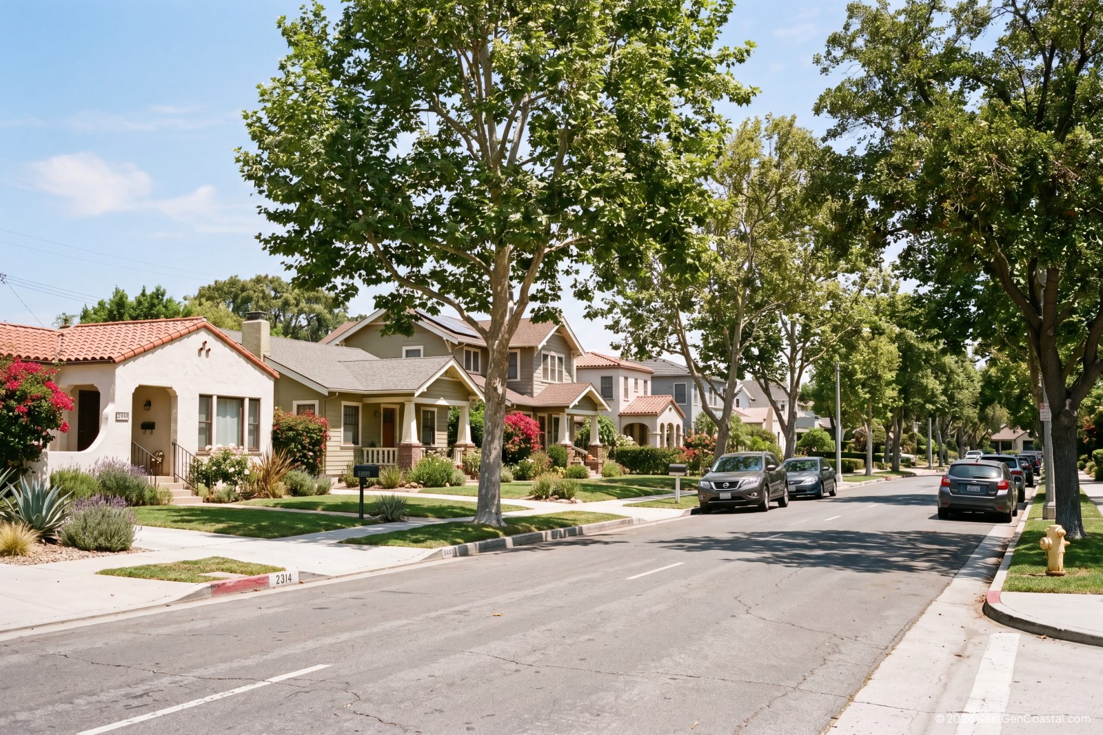 Tree-lined residential street with single-family rental homes in California suburb