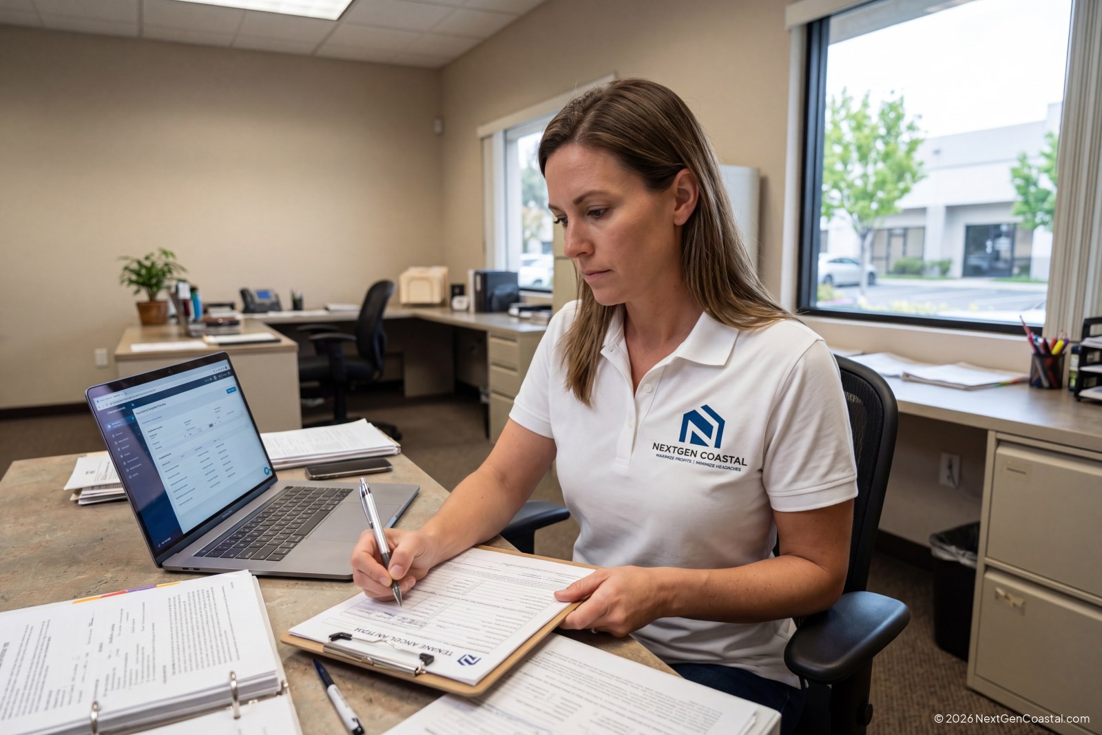 NextGen Coastal property manager in white polo reviewing tenant application at desk