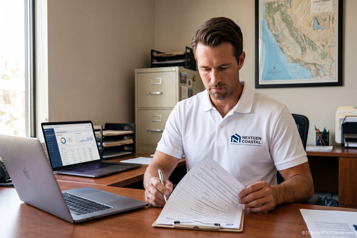 Property manager in white polo reviewing tenant application documents at desk in California office