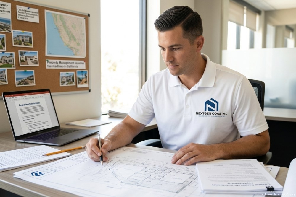 NextGen Coastal property manager in white polo with company logo reviewing coastal development permit documents at a desk with Ventura County site plans