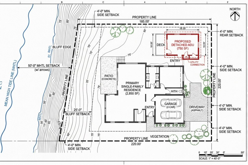 Architectural site plan diagram showing coastal setback measurements from mean high tide line for a compliant Ventura County ADU