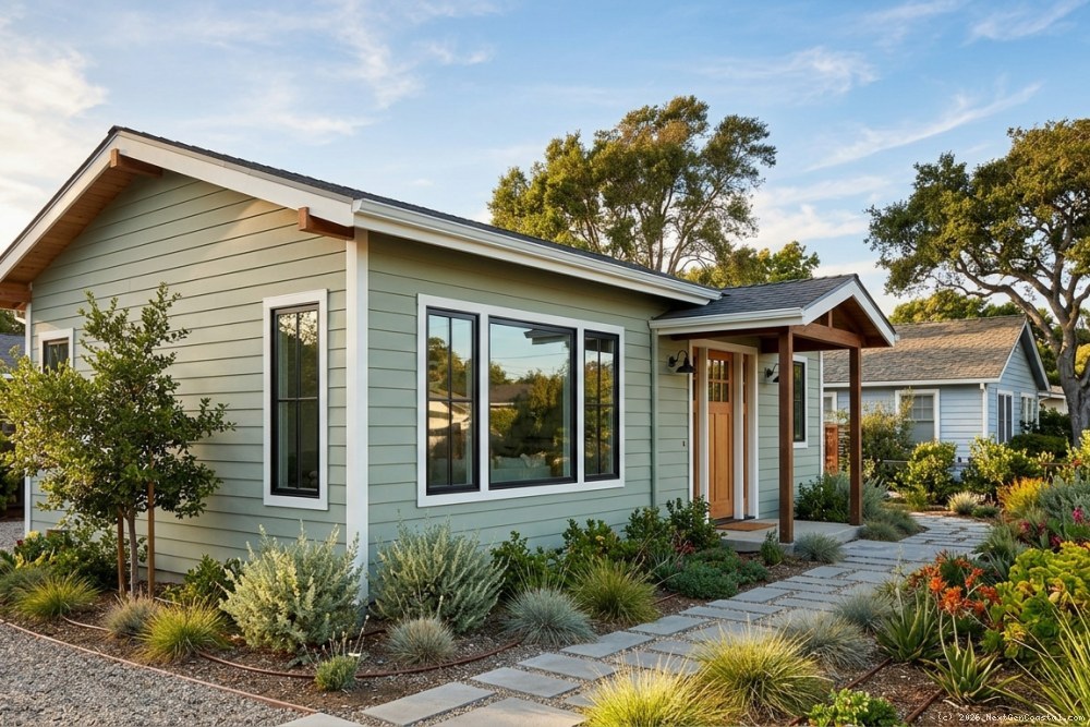 Modern coastal-style detached ADU with fiber cement siding and large windows in a Ventura beachside yard, native drought-tolerant landscaping