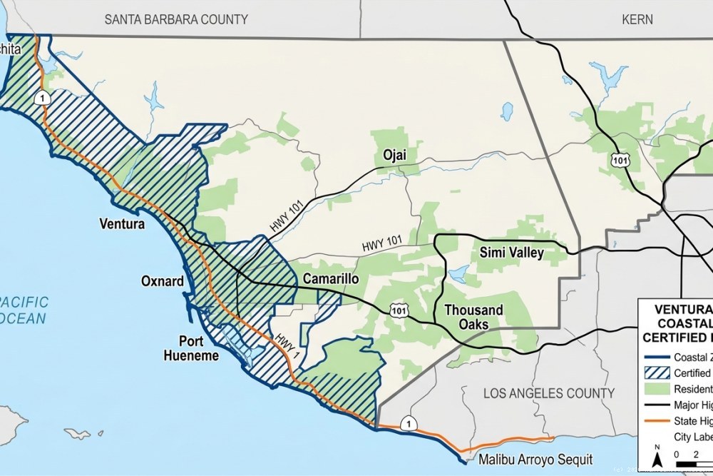 Detailed map showing California Coastal Commission jurisdiction boundaries across Ventura County with ADU-eligible residential zones highlighted
