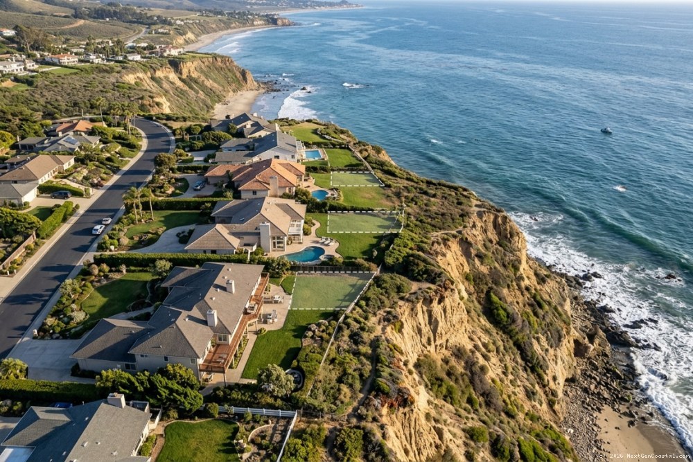 Aerial view of coastal bluff properties showing setback lines, existing homes, and potential ADU placement areas relative to bluff edge