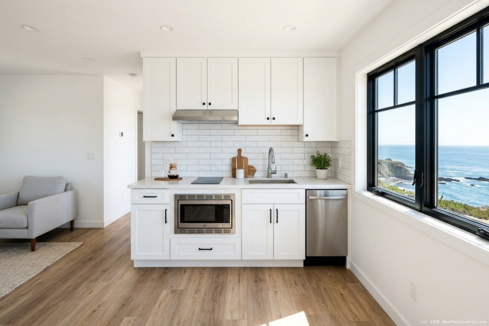 Interior view of converted JADU showing efficient kitchenette with compact appliances, large window with coastal light, and modern finishes