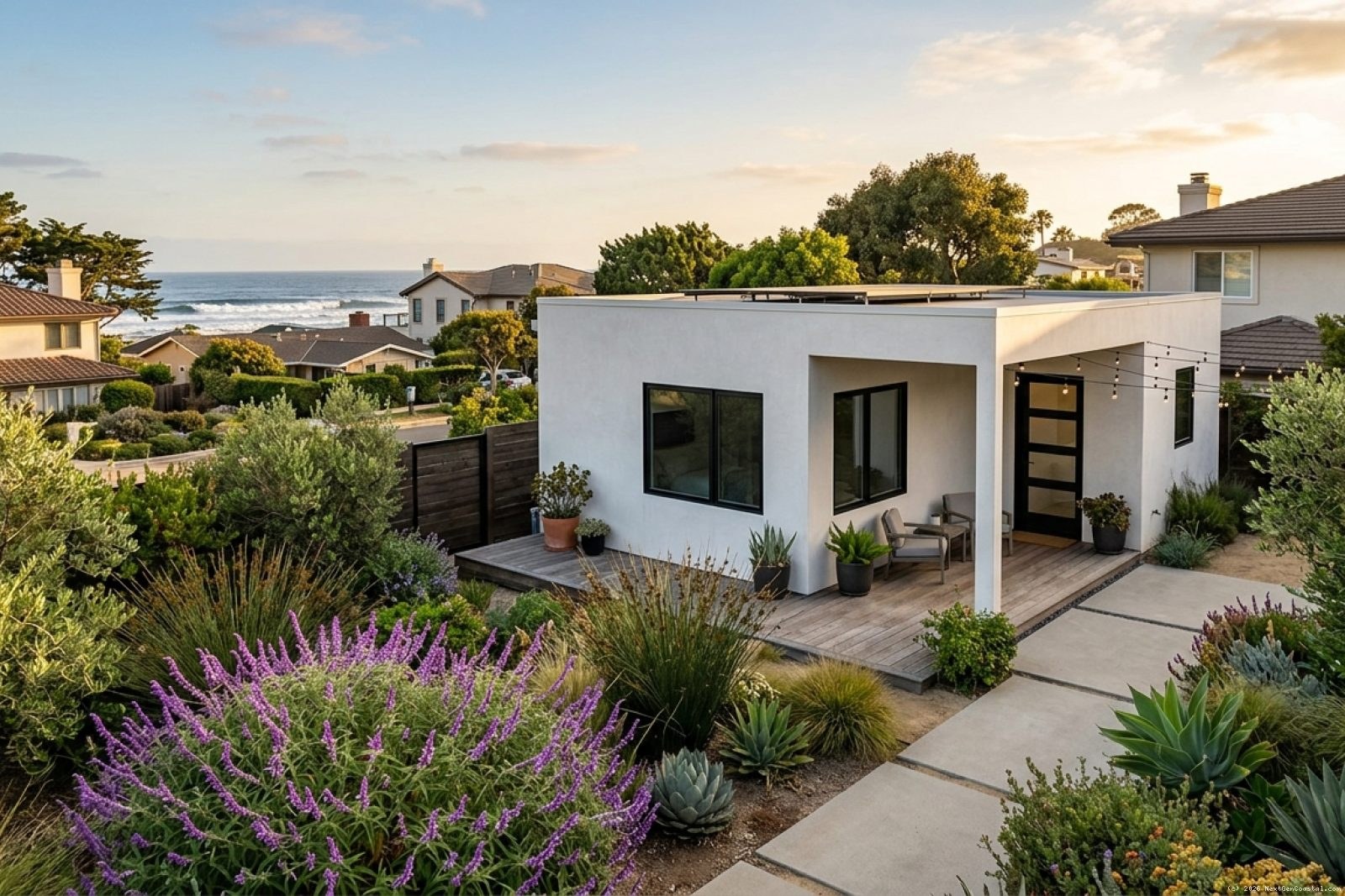 Wide-angle view of a modern detached ADU with white stucco exterior and large windows in a Ventura County coastal neighborhood, ocean visible in background, native landscaping in foreground