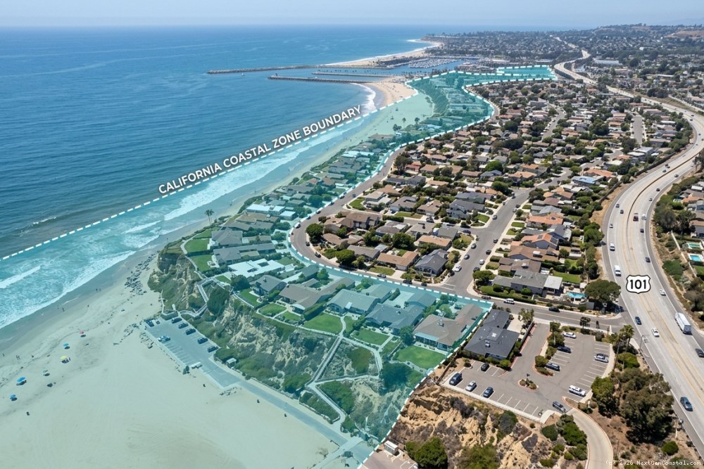 Aerial view of Ventura coastline showing coastal zone boundary overlay with residential neighborhoods and beach access points