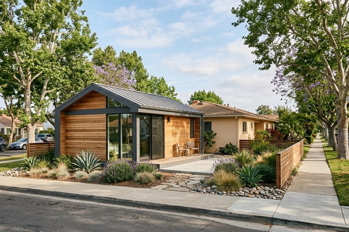 Modern detached ADU in a suburban Southern California neighborhood, tree-lined residential street, mid-century ranch