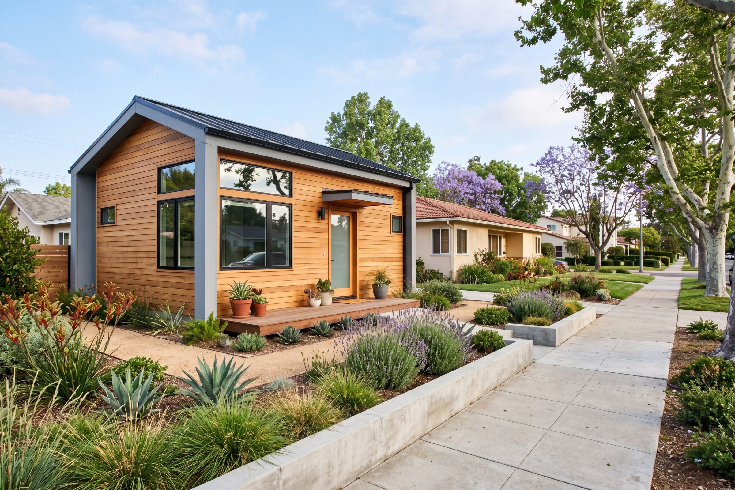 Modern detached ADU in a suburban Southern California neighborhood, tree-lined residential street, mid-century ranch