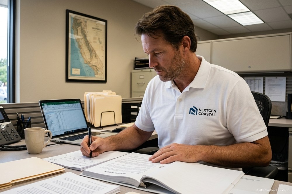 Property manager reviewing HOA documents for an ADU condo conversion in coastal California