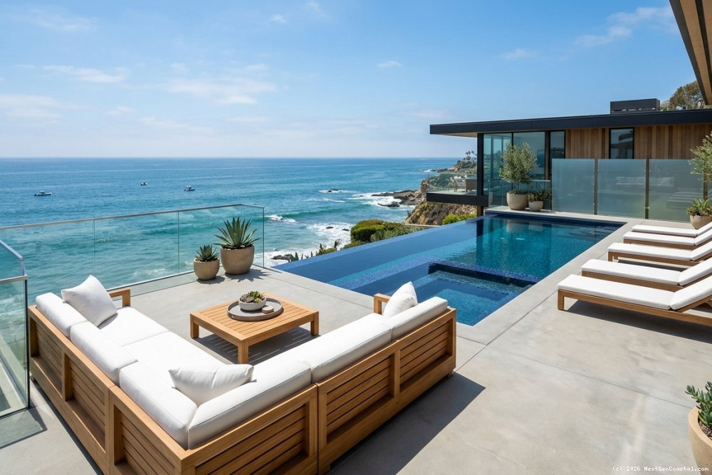 Expansive oceanfront deck of Laguna Beach luxury home with infinity-edge pool, modern outdoor furniture, and unobstructed