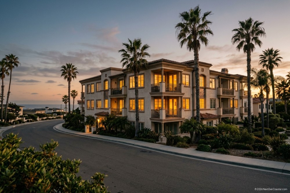 Exterior of a coastal multifamily building four stories tall at twilight, warm window glow on the upper floors, calm street