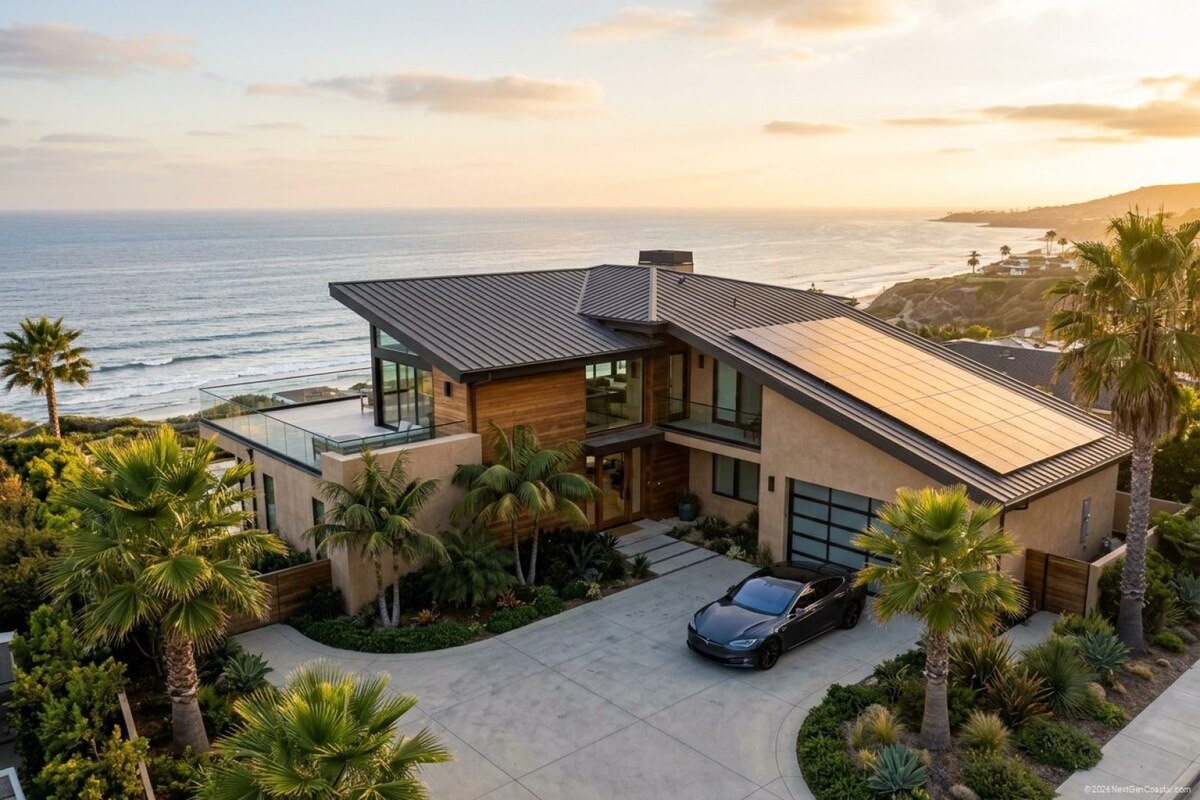 Exterior of a contemporary coastal California single-family rental at late afternoon, with a clean rooftop solar PV