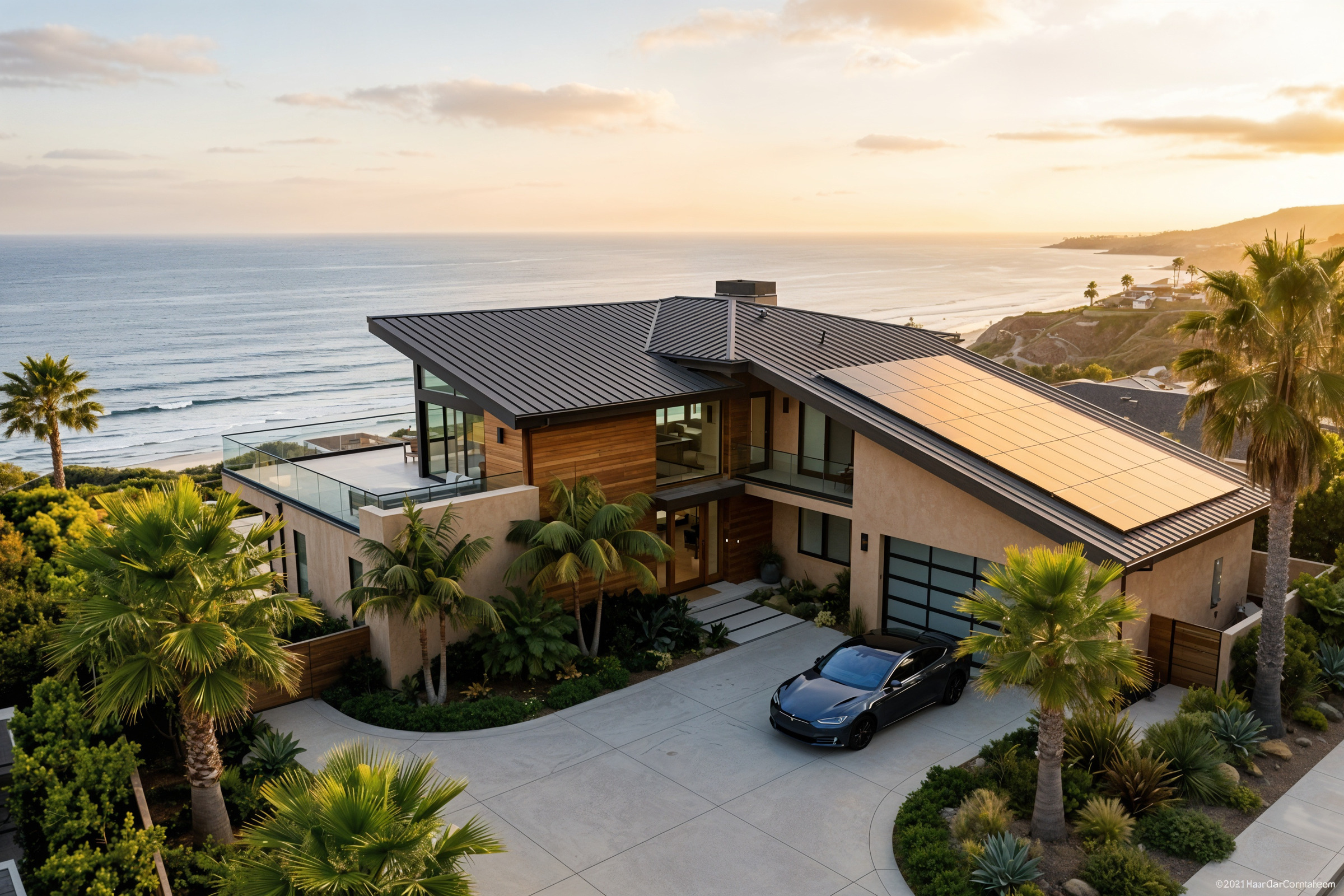 Exterior of a contemporary coastal California single-family rental at late afternoon, with a clean rooftop solar PV