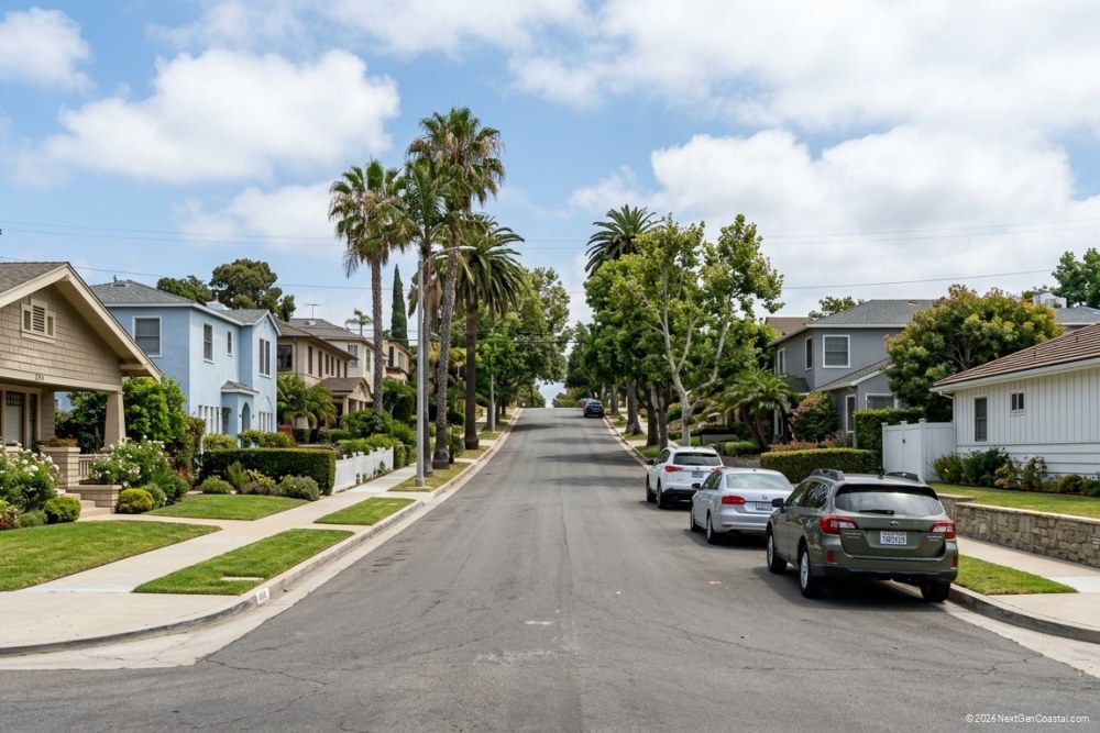 Photorealistic DSLR photograph of a quiet coastal California residential street with single-family homes, mature street trees, parked cars, slight elevation change, no visible water or flooding, midday natural light