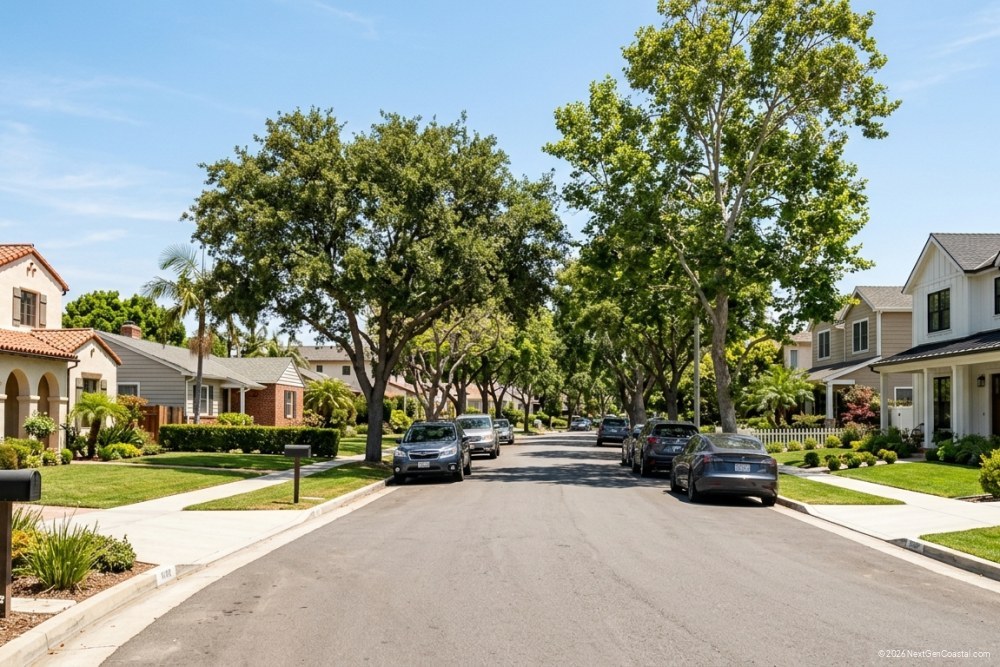 Photorealistic DSLR photograph of a tree-lined residential street in suburban coastal California with a mix of single-family homes, varied architectural styles, sidewalks, parked cars, clear blue sky, no hazards visible