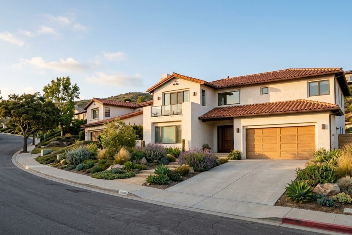 Two-story coastal California rental home on a hillside street