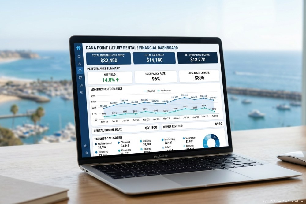 Property management financial dashboard showing Dana Point rental income, expenses, and net yield metrics