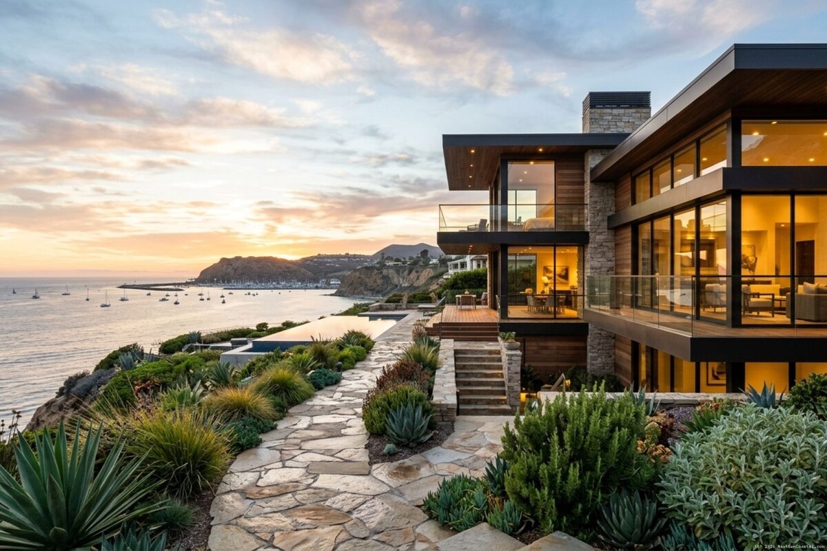 Luxury oceanfront home in Dana Point with contemporary architecture, floor-to-ceiling glass, and panoramic Pacific views at