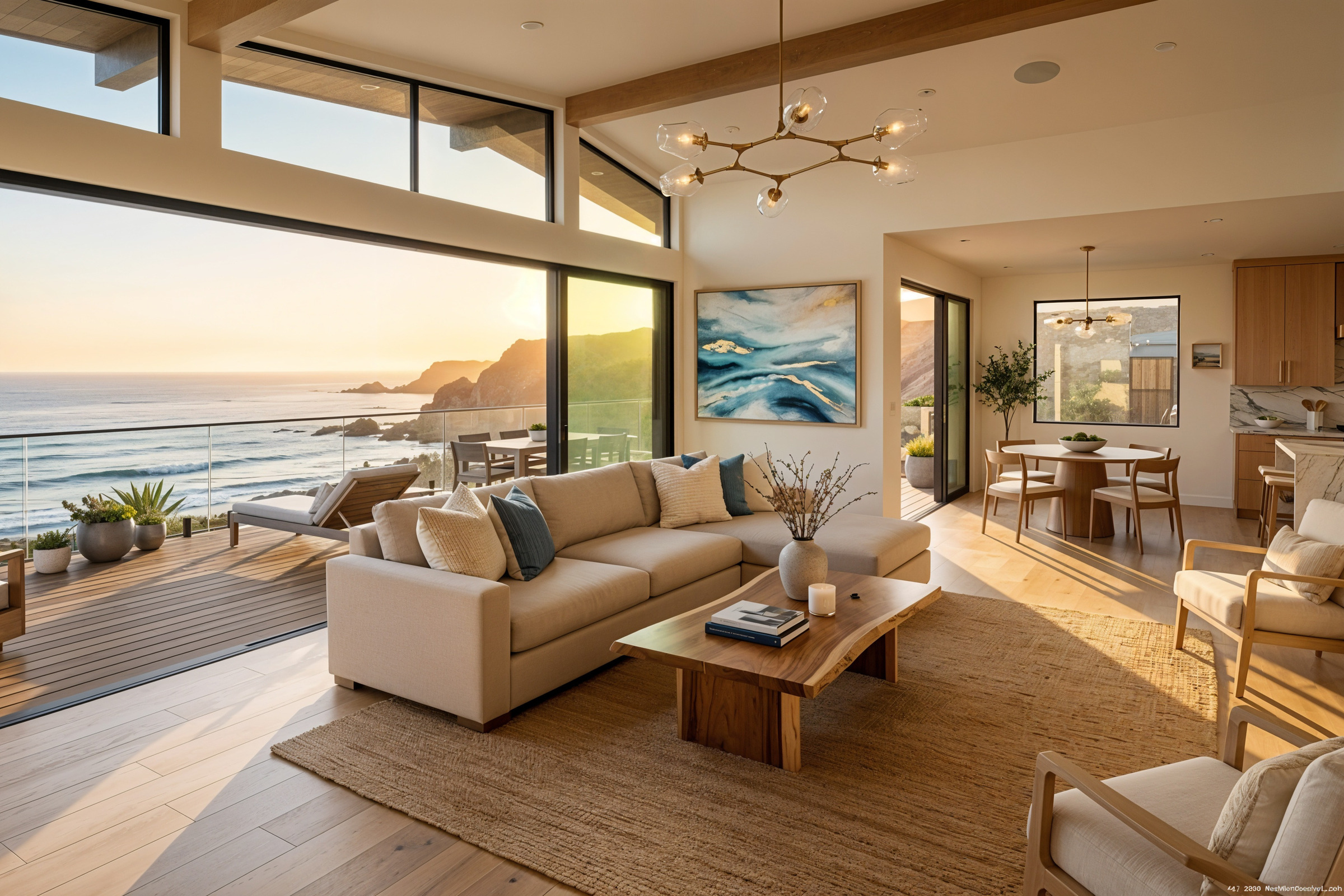 Modern coastal luxury rental living room with floor-to-ceiling windows overlooking the Pacific Ocean at sunset