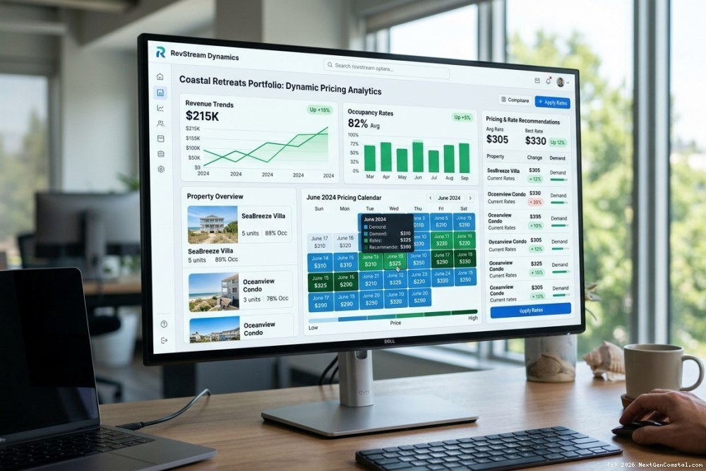 Dynamic pricing software dashboard displaying real-time rate recommendations and revenue analytics for coastal luxury