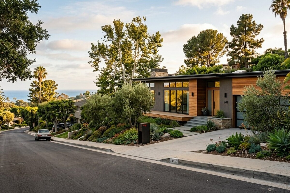 Modern coastal California hillside home with partial ocean view in the distance, tree-lined residential street