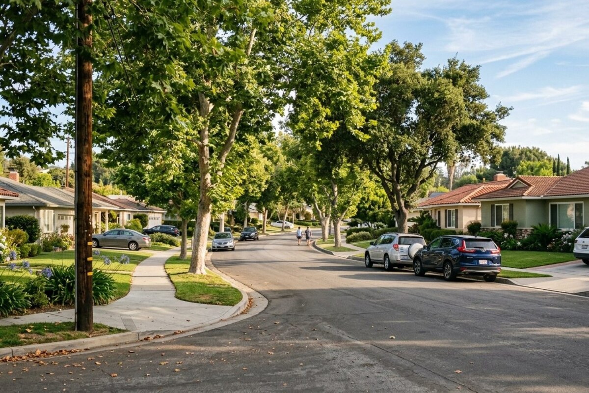 Tree-lined residential street in a coastal California suburb, mid-century ranch homes with stucco facades and tile