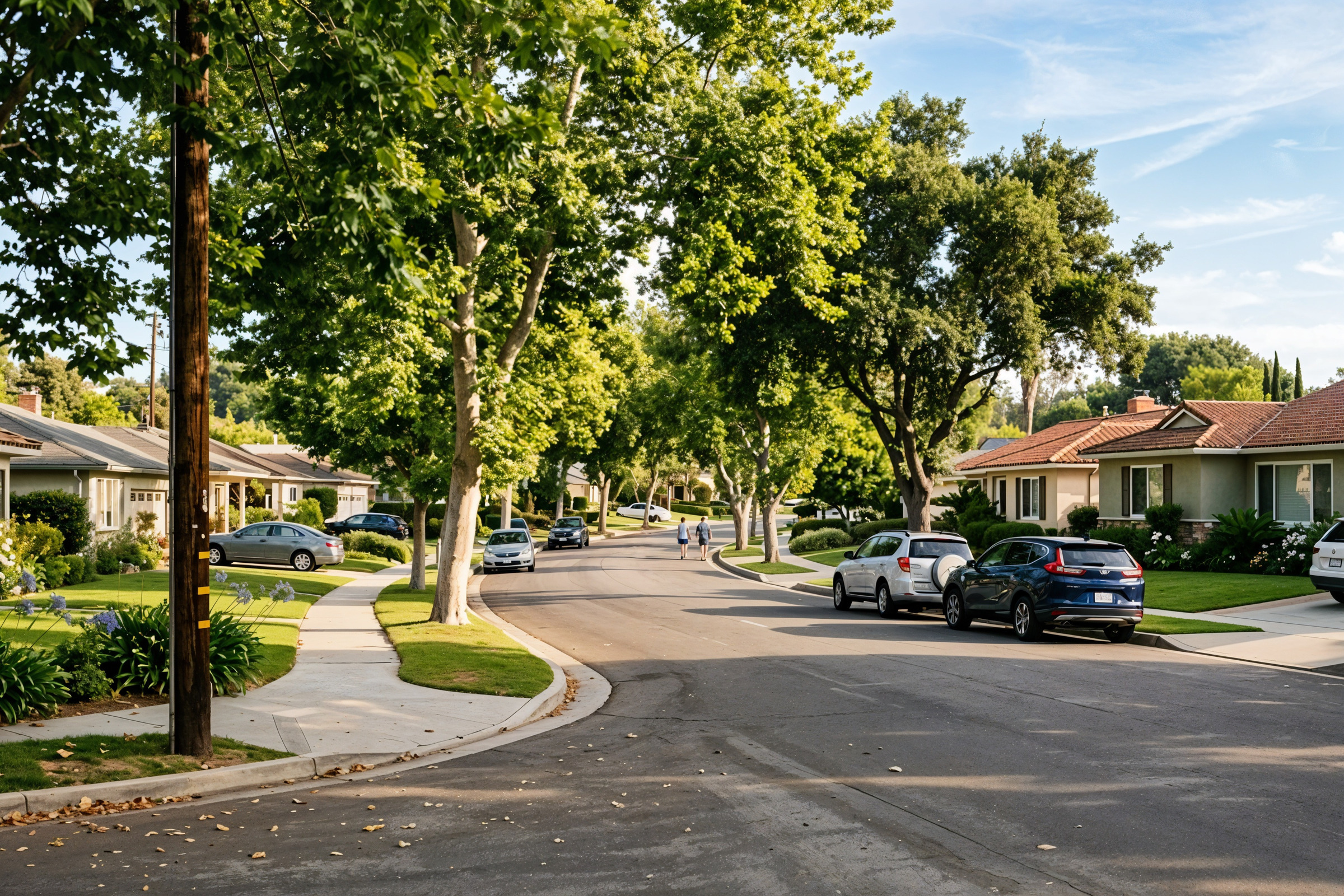 Tree-lined residential street in a coastal California suburb, mid-century ranch homes with stucco facades and tile