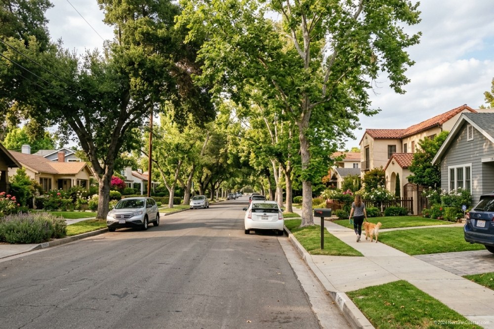 Quiet suburban California residential street with single-family homes and mature trees