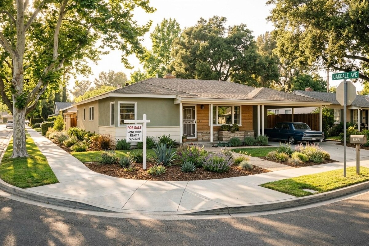 Mid-century ranch rental home on a tree-lined California street