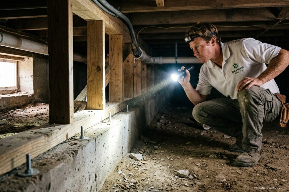 NextGen Coastal property manager in a white collared polo shirt crouched in a crawl space inspecting foundation bolts